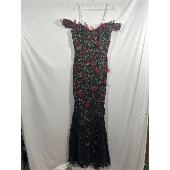 NEW $1095 Marchesa Notte [ 6 ] Guipure Lace Off Shoulder Gown Red Black #J2150 - Picture 9 of 16